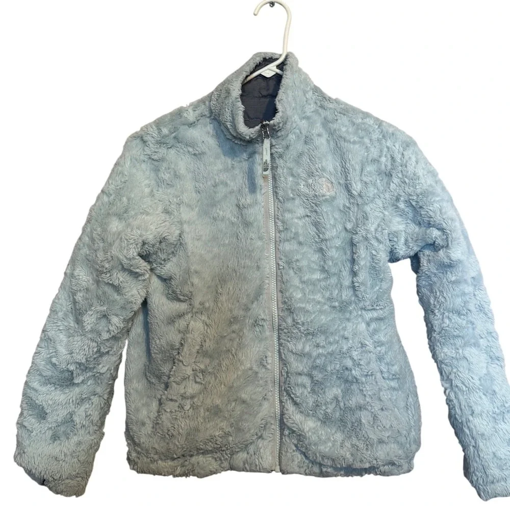 The North Face Girl Med 10/12 Reversible Mossbud Swirl Puffer Coat ice blue gray
